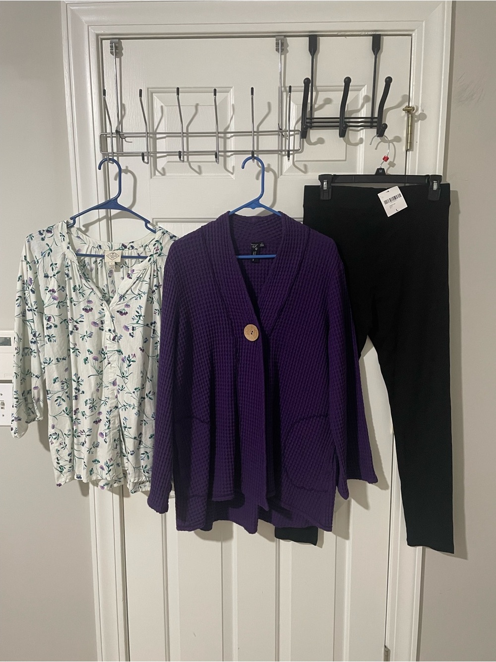 Purple Open-Front Women's Waffle Knit Cardigan leggings peasant top large
